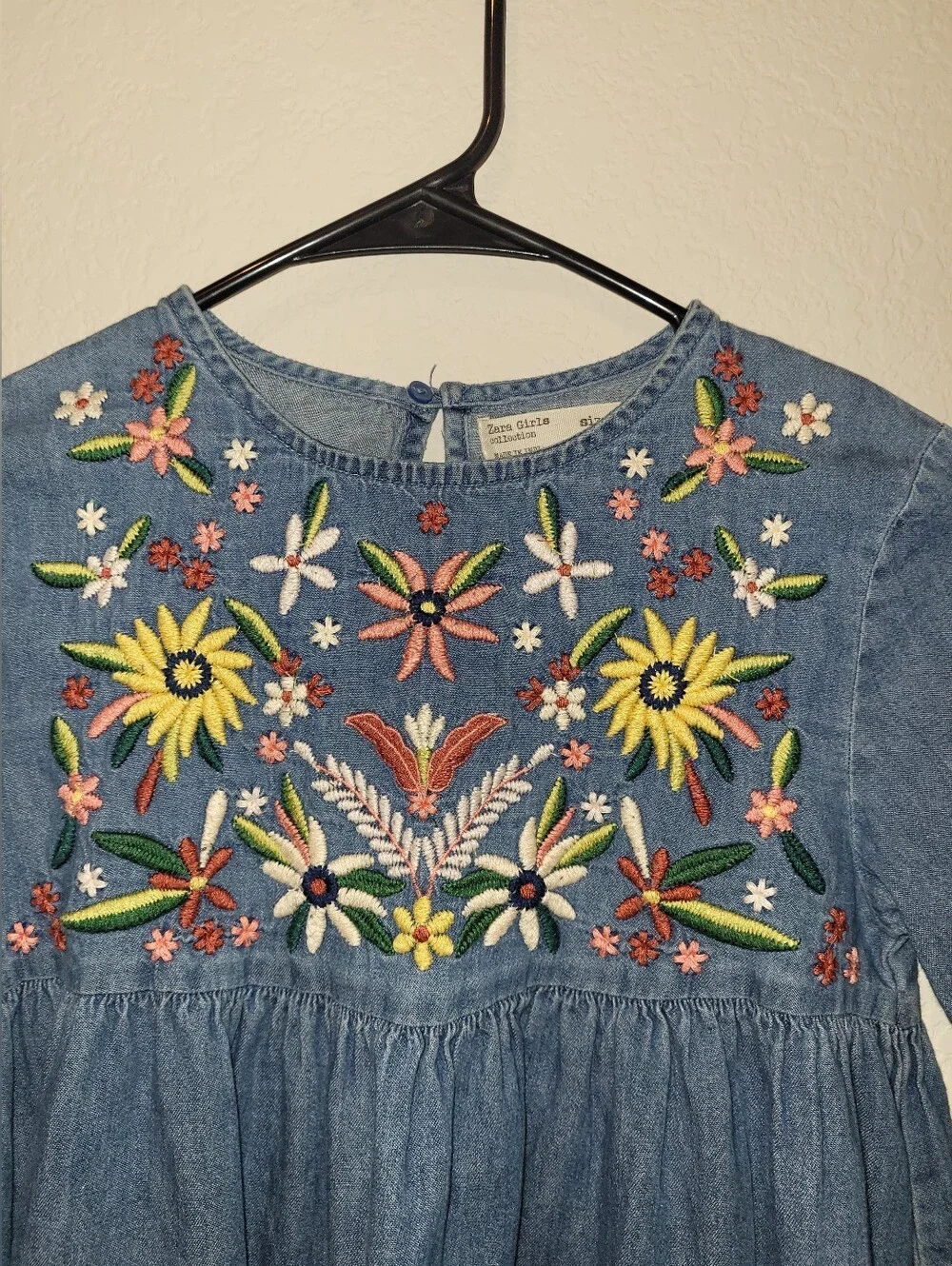Girls' Blue Denim Embroidered Floral Dress